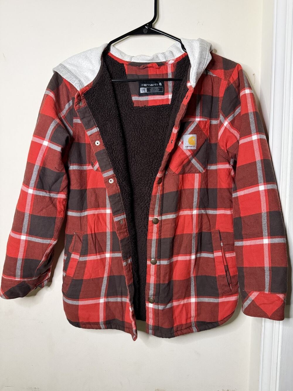Carhartt Boys OJ8581-B Sherpa Lined Plaid Hooded Shirt Jacket size large